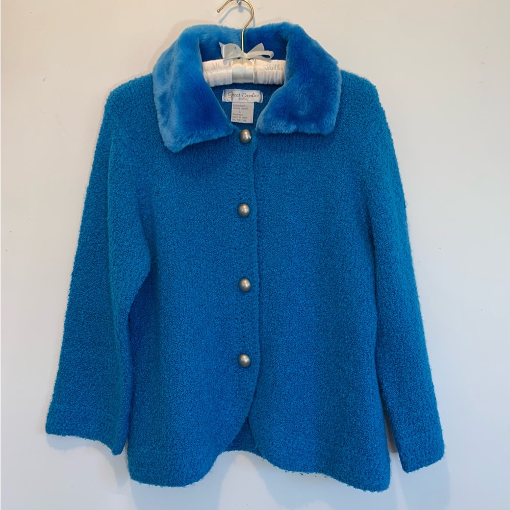 Vintage Great Cavalier Blue Knit Cardigan Large Removable Fur Collar Soft & Cozy